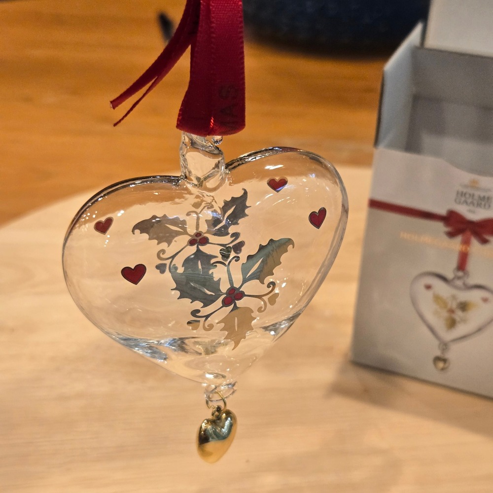 Holmegaard Christmas Heart Ornament Blown Glass Clear Holly Ann-Sofi Romme New